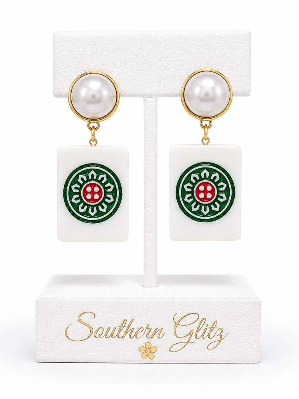 Mahjong Tile Earrings, Pearl Mahjong Earrings, Green Red Game Night Jewelry, Mah